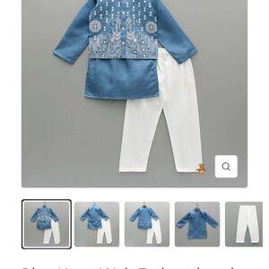 Blue Embroidered Top and White Pants Set